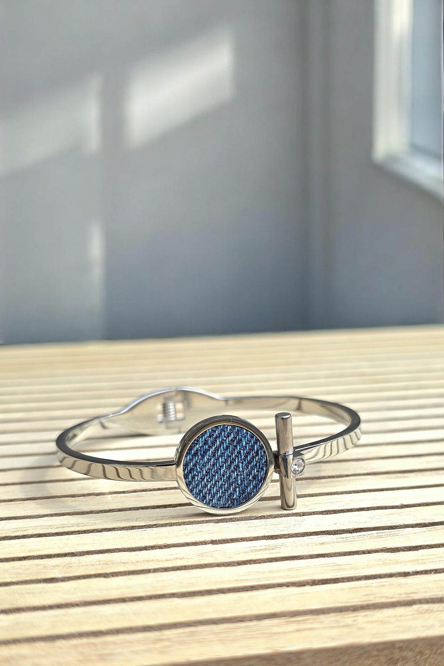 Denim Bracelet- Stainless steel jean T band cuff crystal