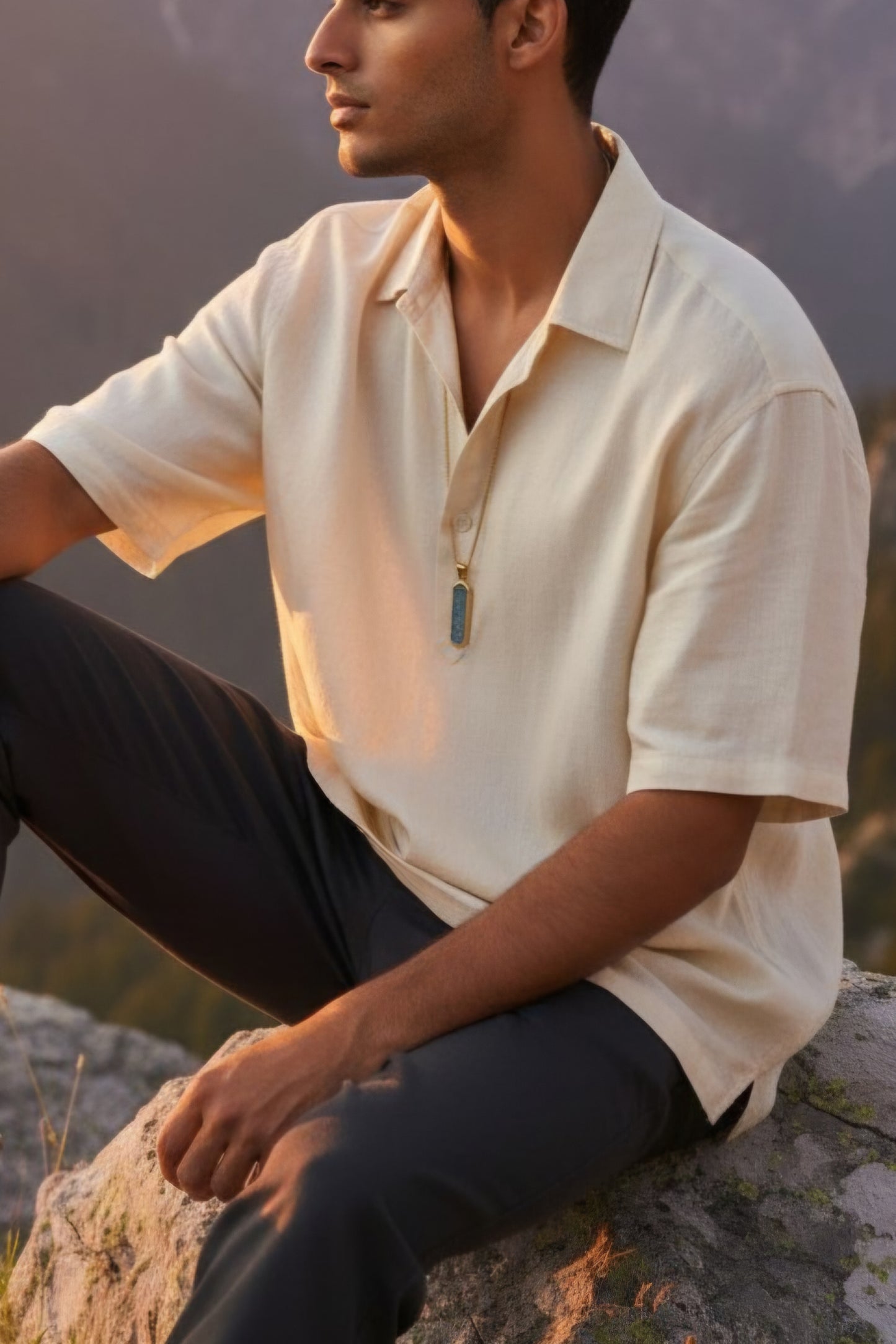 Denim Necklace- Masculine 18K gold plated Stainless steel vertical hexagon Denim Pendant chain