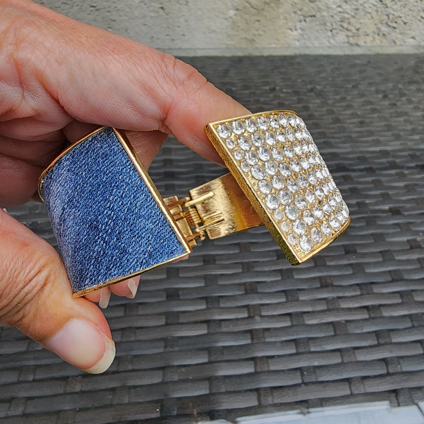 Denim Bracelet- Rhinestone Gold plated med washed jean cuff bracelet