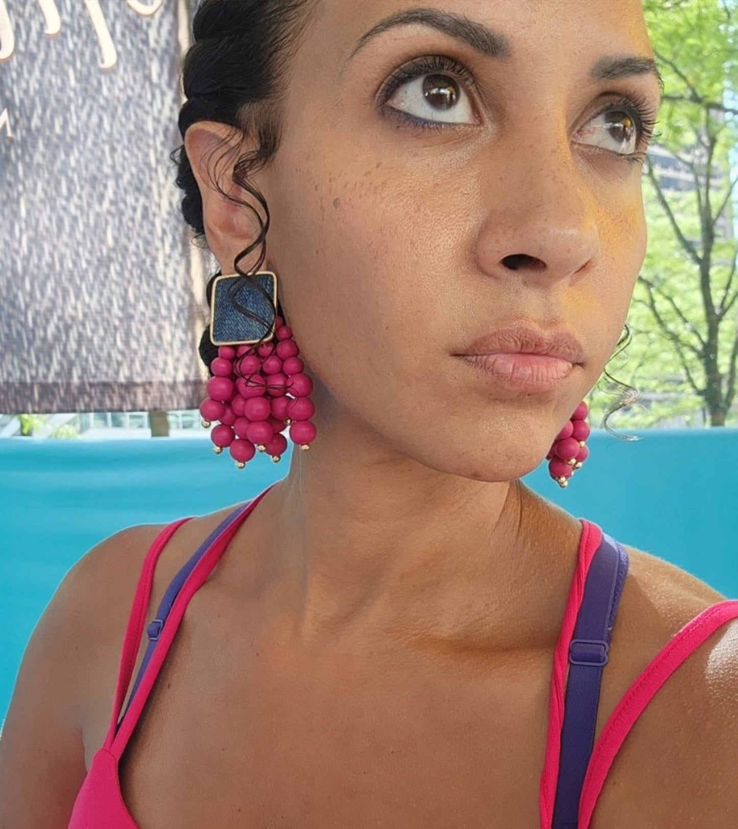 Denim Square Stud Bead Tassel Earrings- Gold plated Jean HOT PINK