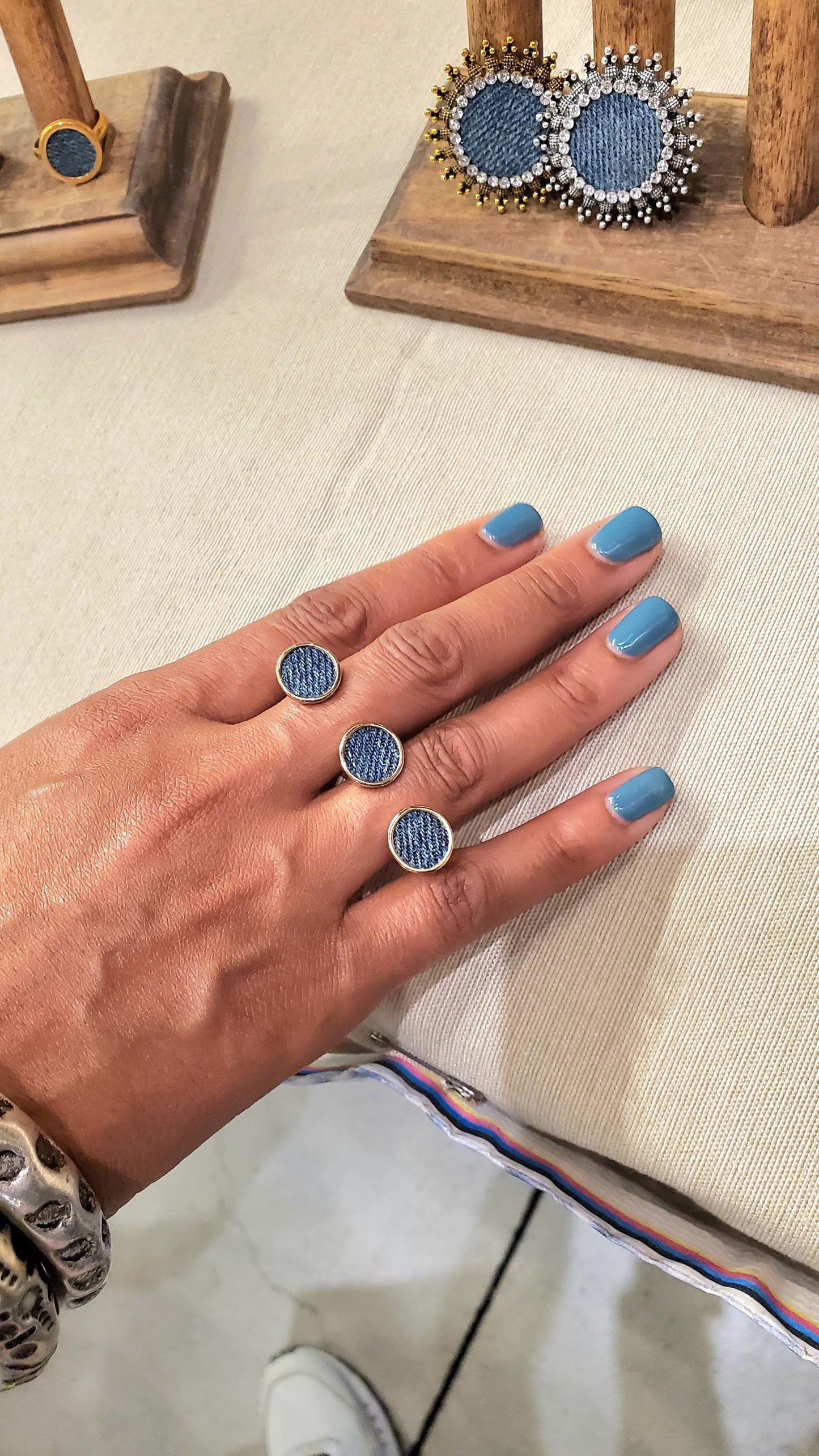 Denim Ring- 10 mm triple round 2 finger gold plated finger Jean Ring