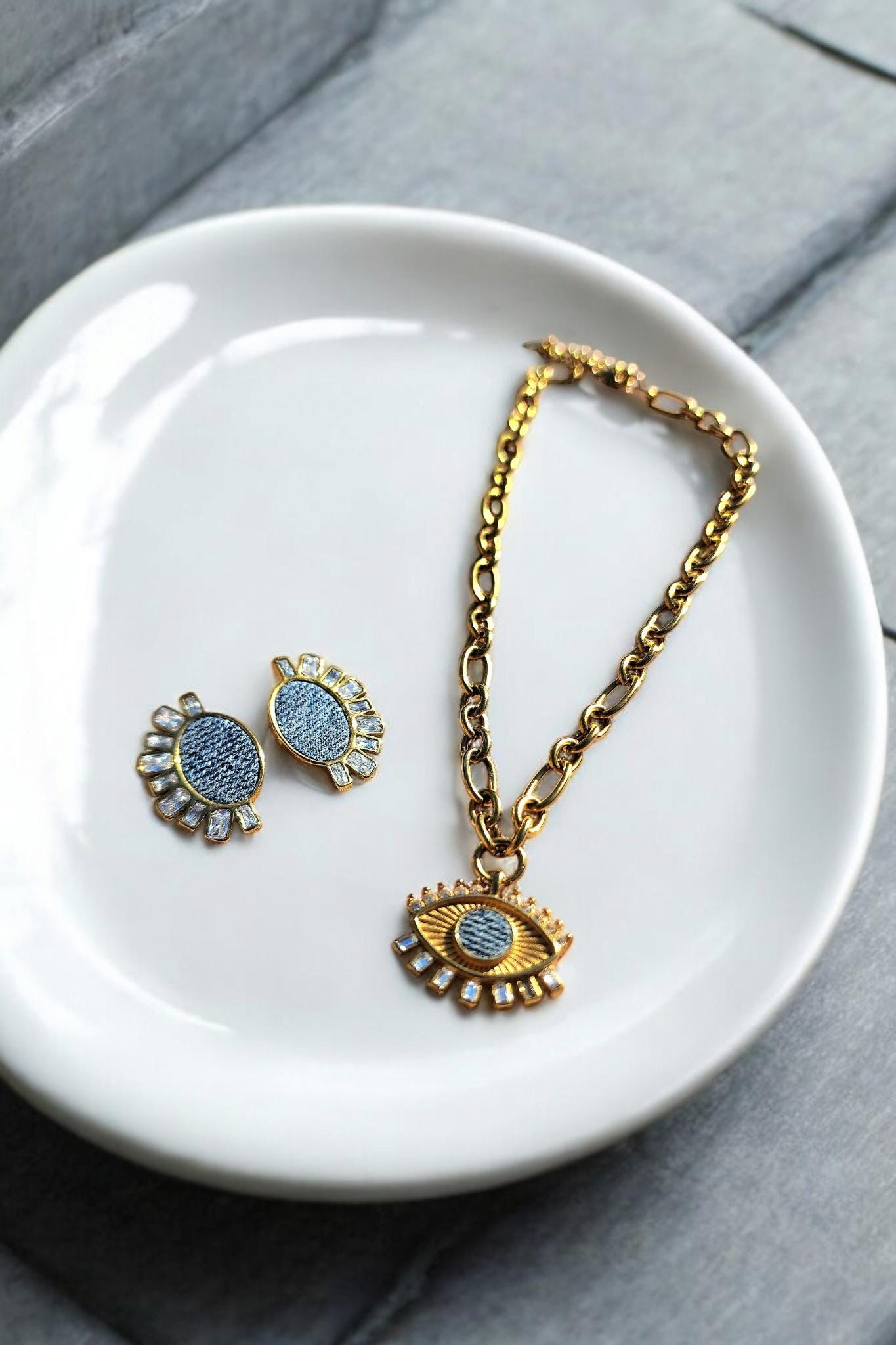 Denim Stud Earrings- GOLD stainless steel med washed Jean crystal eye earrings