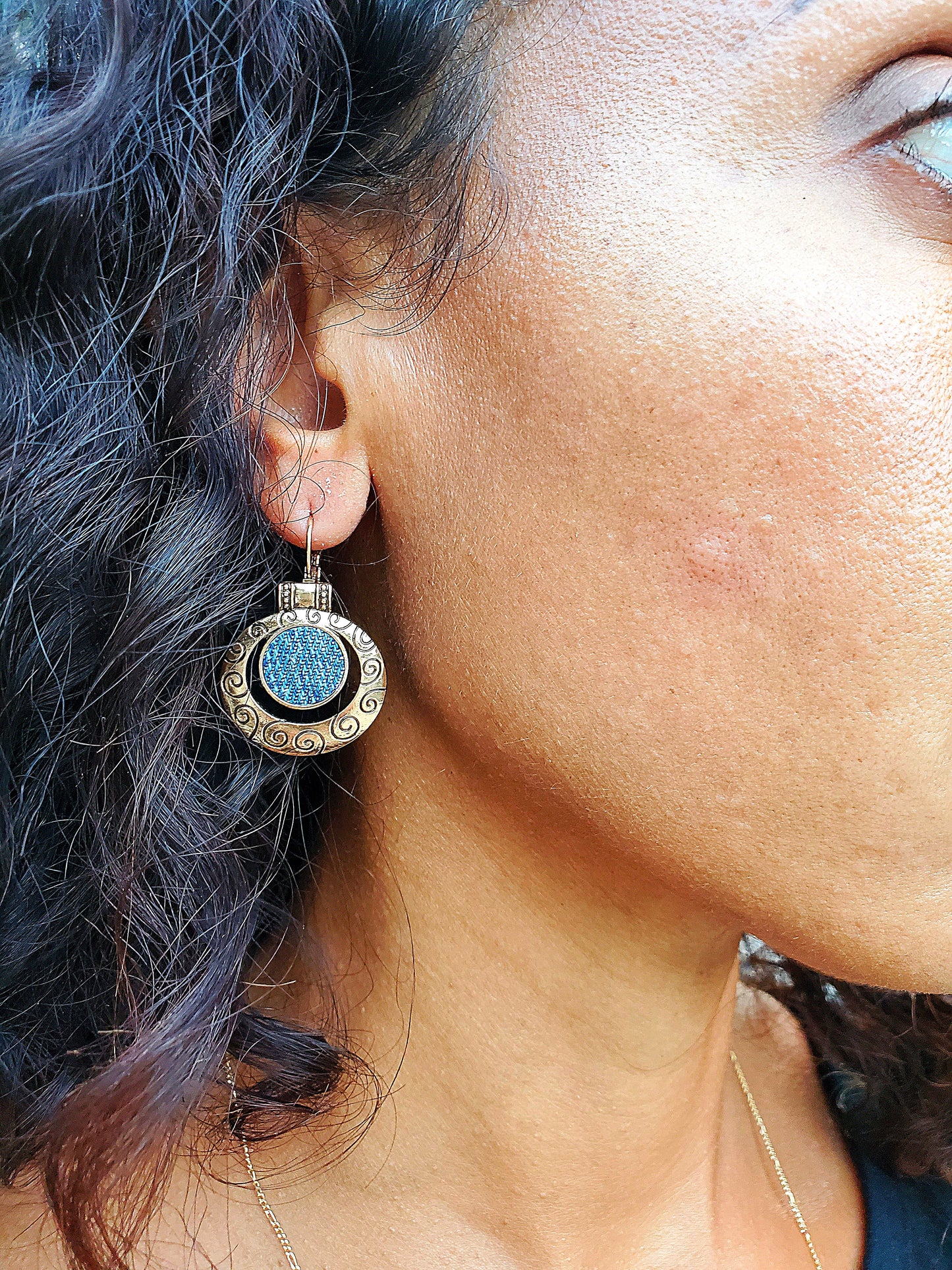 Denim Earrings- Aztec vintage Round Pendant Lever back gold plated