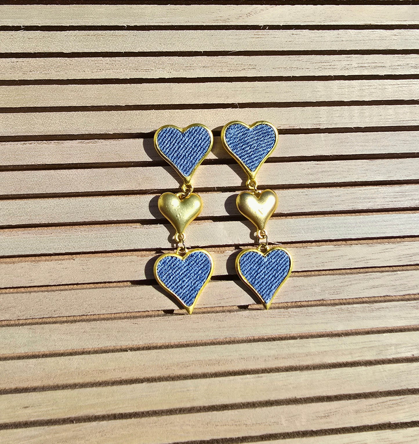 Denim Earrings- 3 tier heart dangle post pendant gold plated Jean