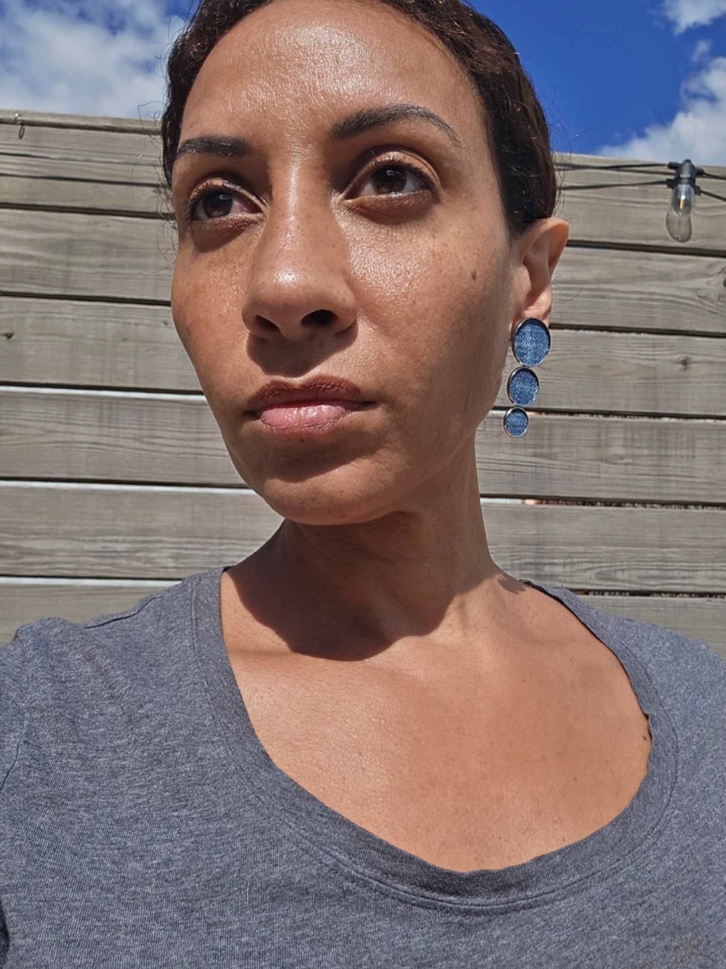 Denim Earrings- Round triple disc stud jean