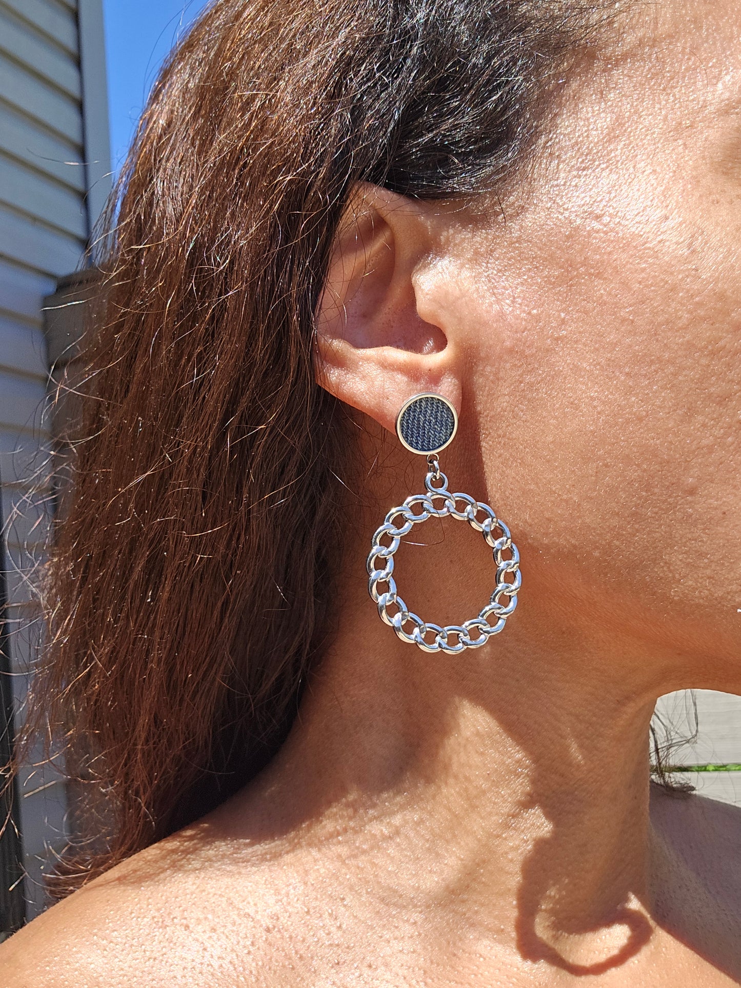 Denim round post dangle chain Earrings- Silver stainless steel Jean