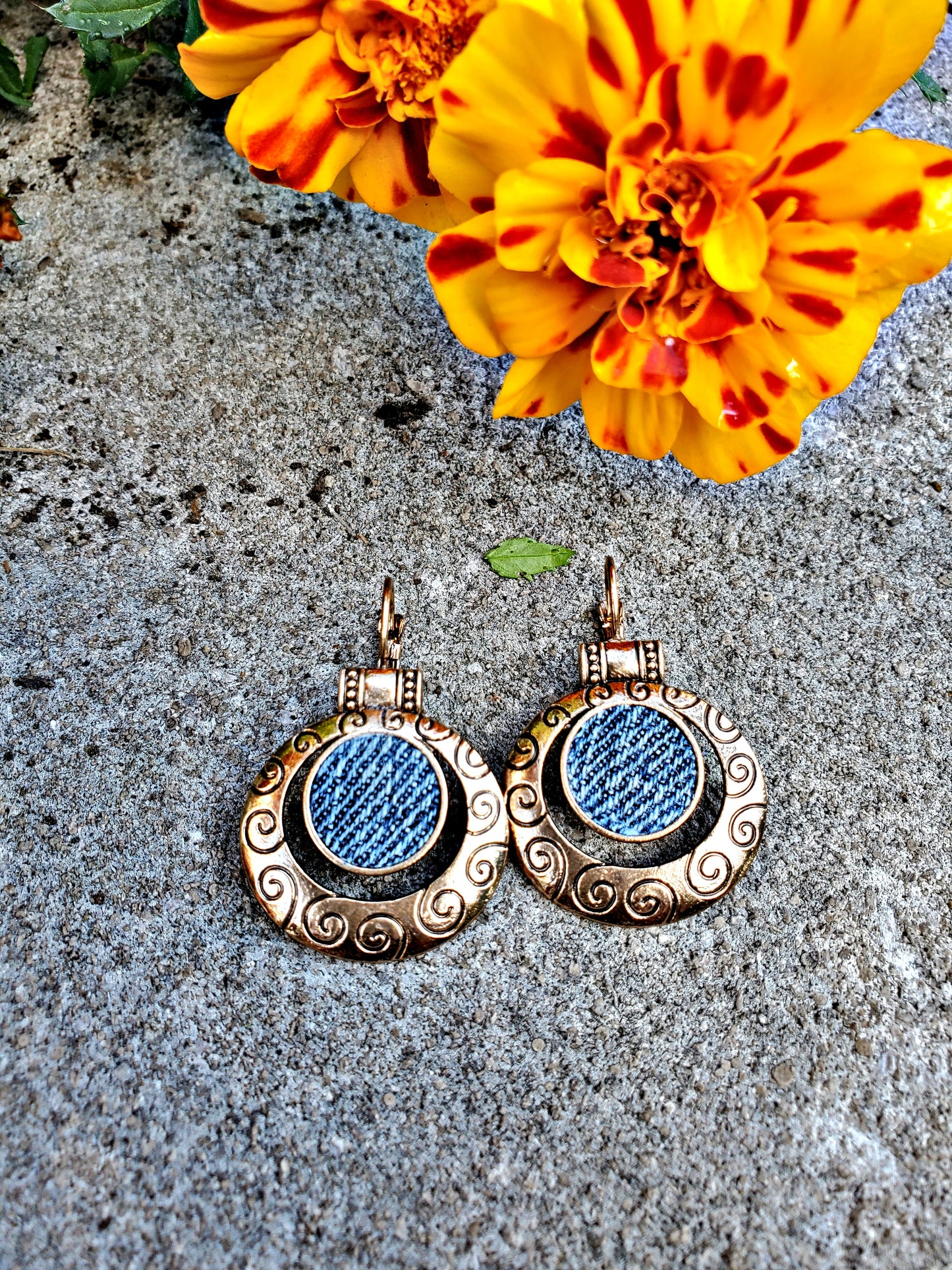 Denim Earrings- Aztec vintage Round Pendant Lever back gold plated