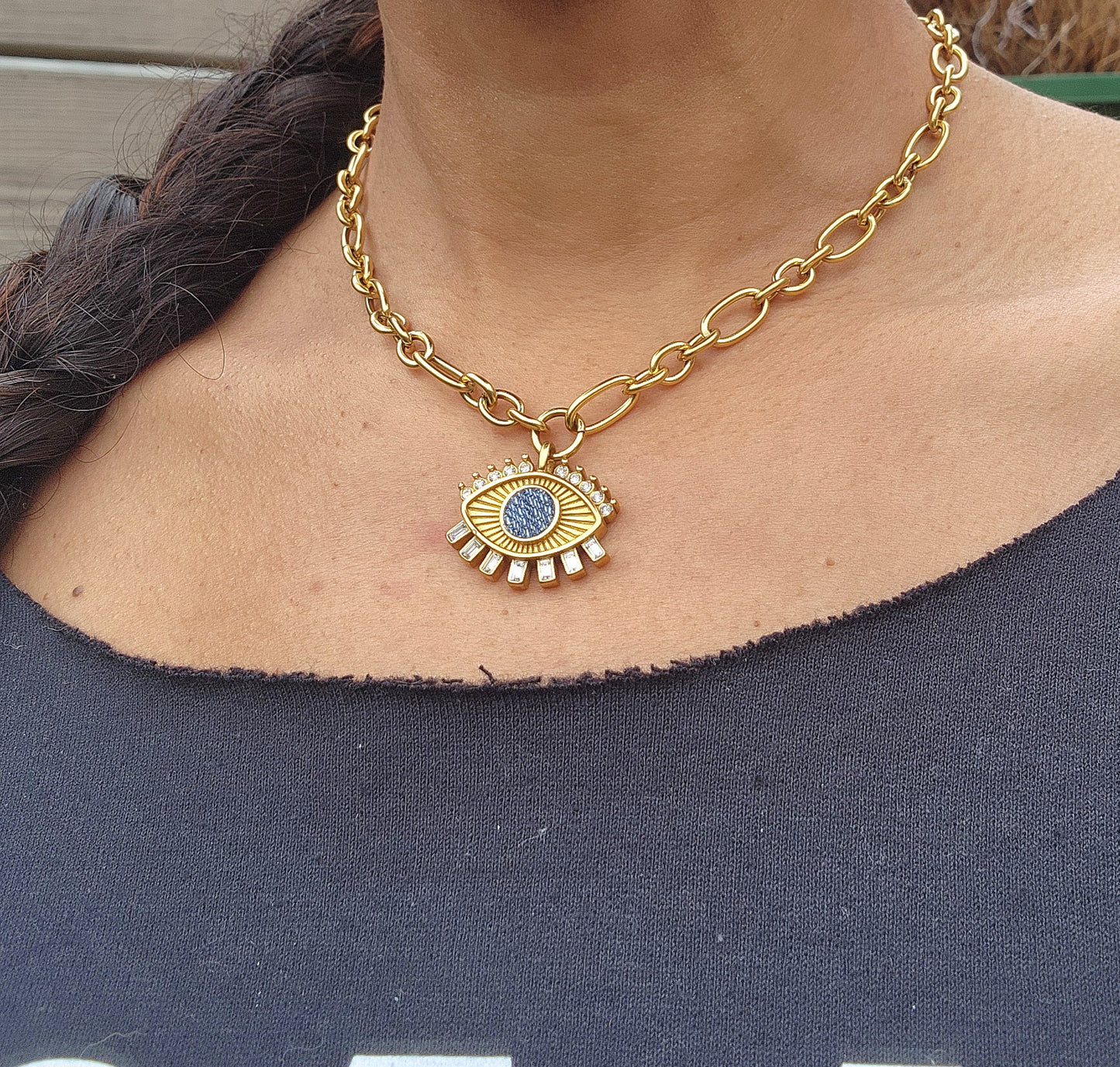 Denim Jean Necklace-  Cable link 18k Gold choker chain w Crystal eye pendant