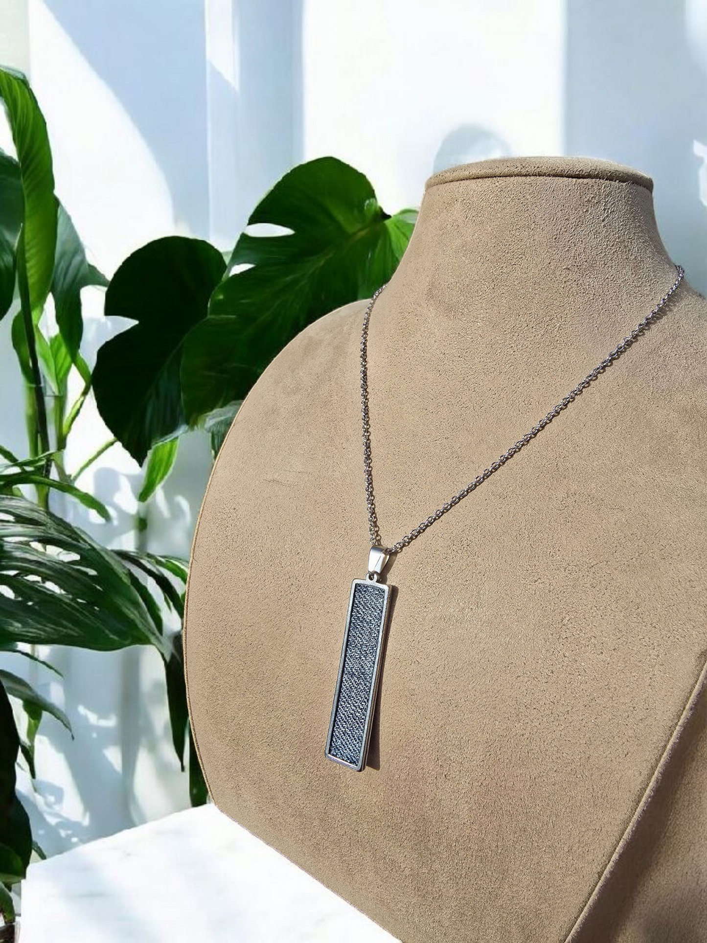 Denim Necklace- Stainless steel Long Rectangle plate Denim Pendant chain