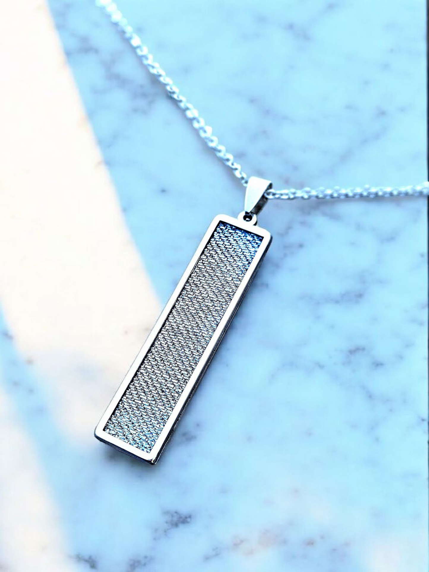 Denim Necklace- Stainless steel Long Rectangle plate Denim Pendant chain