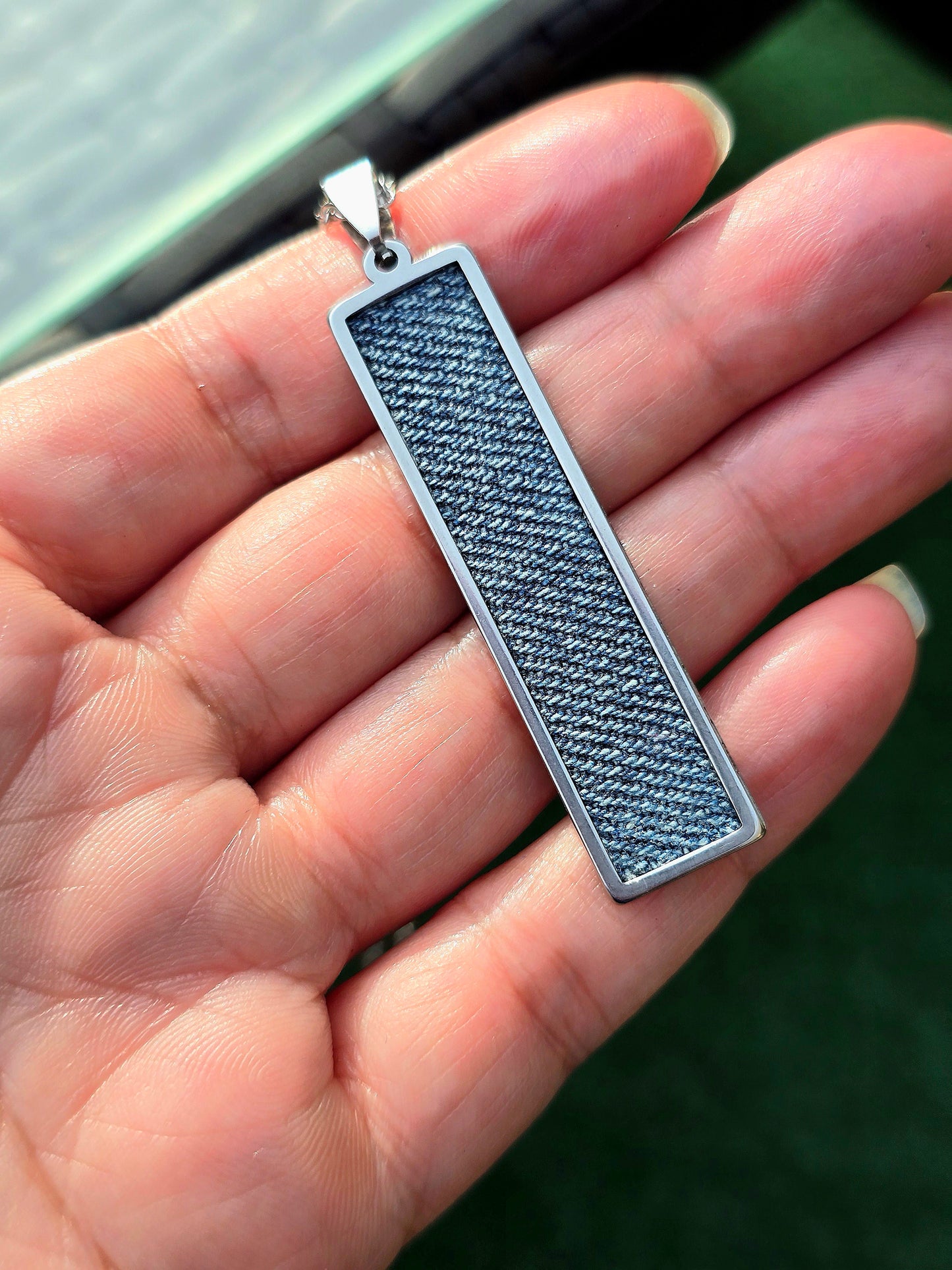 Denim Necklace- Stainless steel Long Rectangle plate Denim Pendant chain