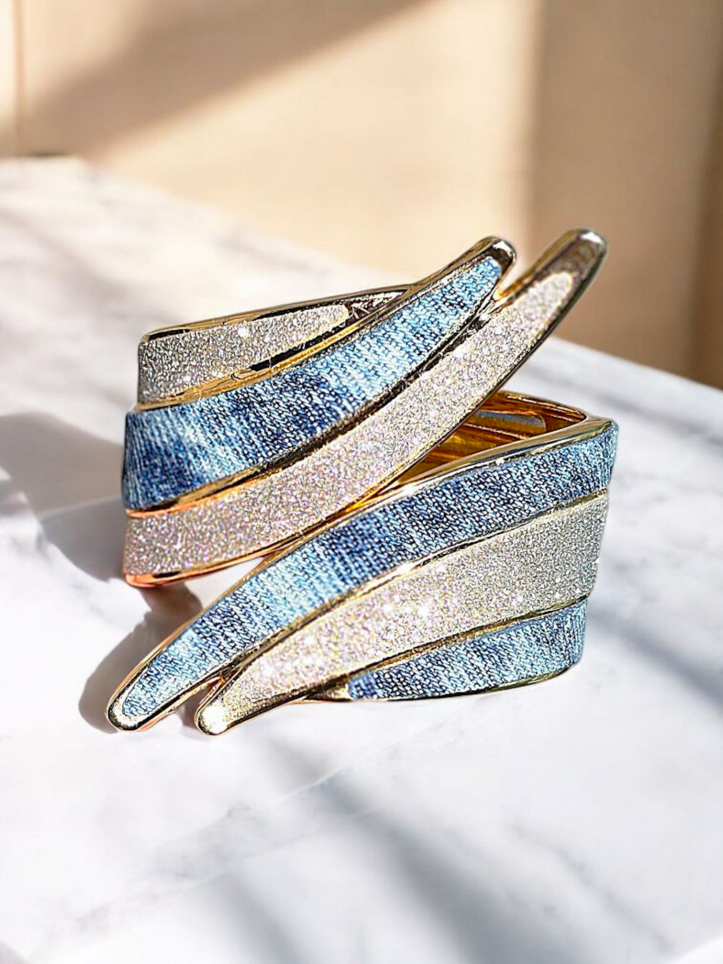 Denim Bracelet- Plated glitter acid washed jean cuff wave bracelet