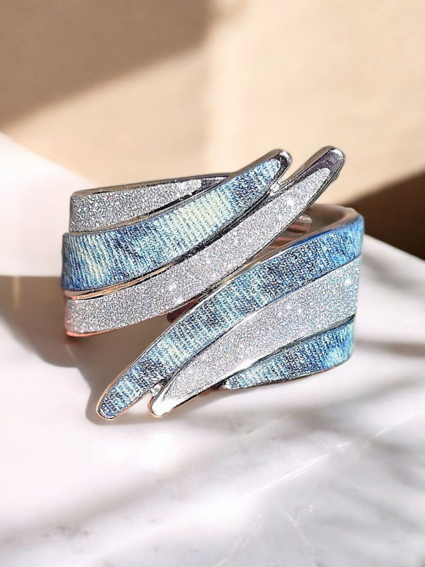 Denim Bracelet- Plated glitter acid washed jean cuff wave bracelet