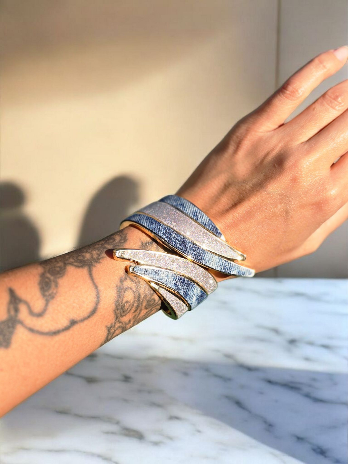 Denim Bracelet- Plated glitter acid washed jean cuff wave bracelet