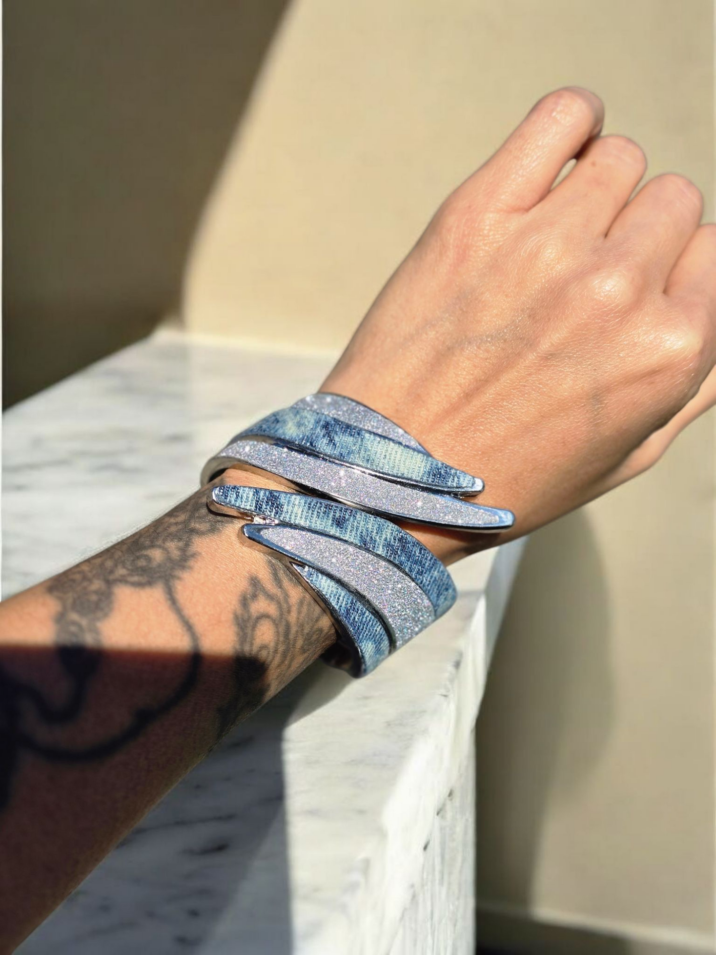 Denim Bracelet- Plated glitter acid washed jean cuff wave bracelet