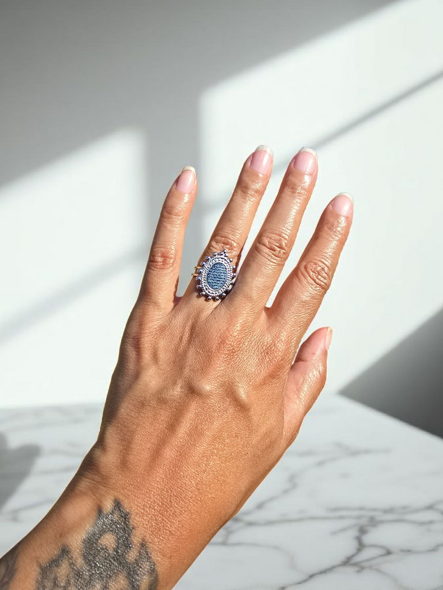 Denim Ring- Pointed Oval ball fan stainless steel adjustable finger Jean Ring