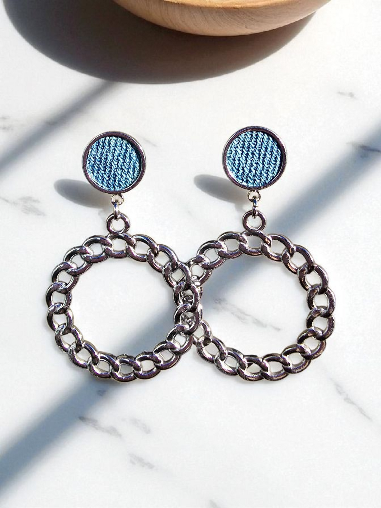 Denim round post dangle chain Earrings- Silver stainless steel Jean