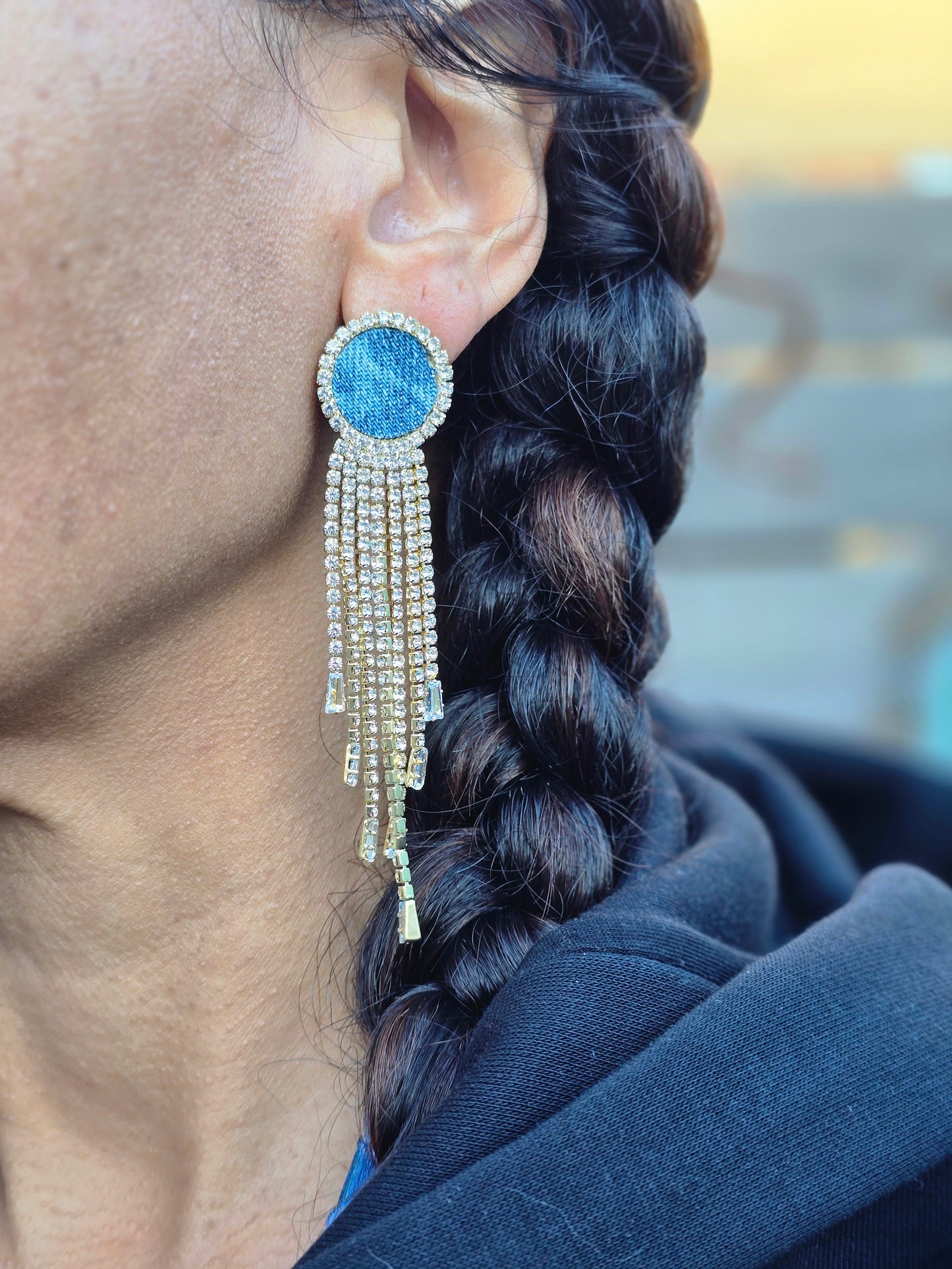 Denim jean round Stud rhinestone Tassel Earrings- Gold plated