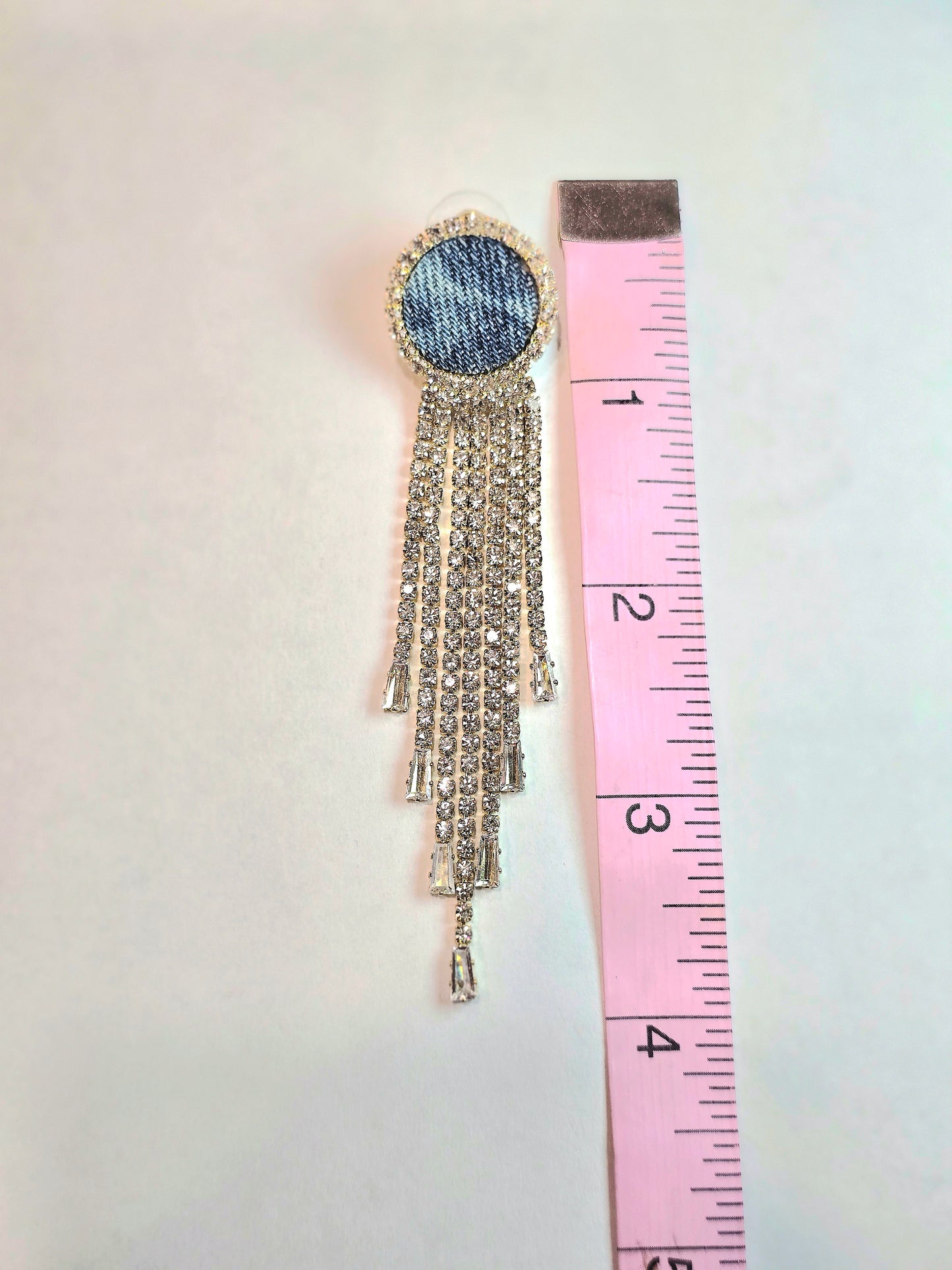 Denim jean round Stud rhinestone Tassel Earrings- Gold plated