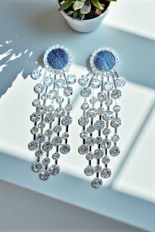 Denim jean round rhinestone post Tassel Earrings