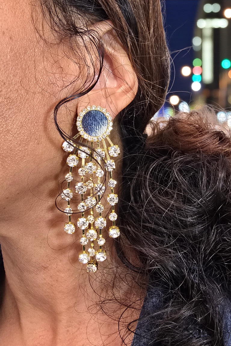 Denim jean round rhinestone post Tassel Earrings