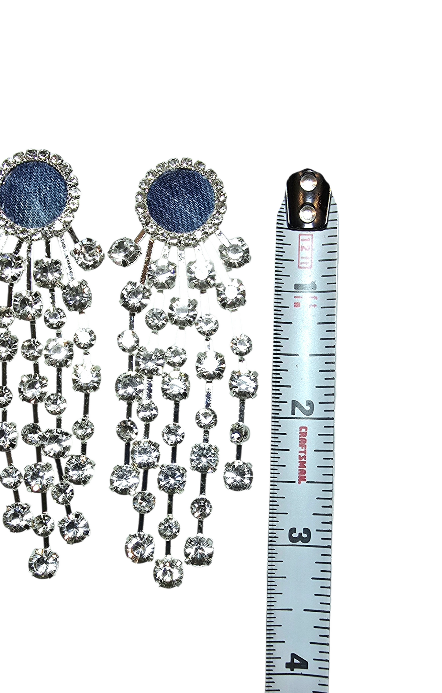 Denim jean round rhinestone post Tassel Earrings