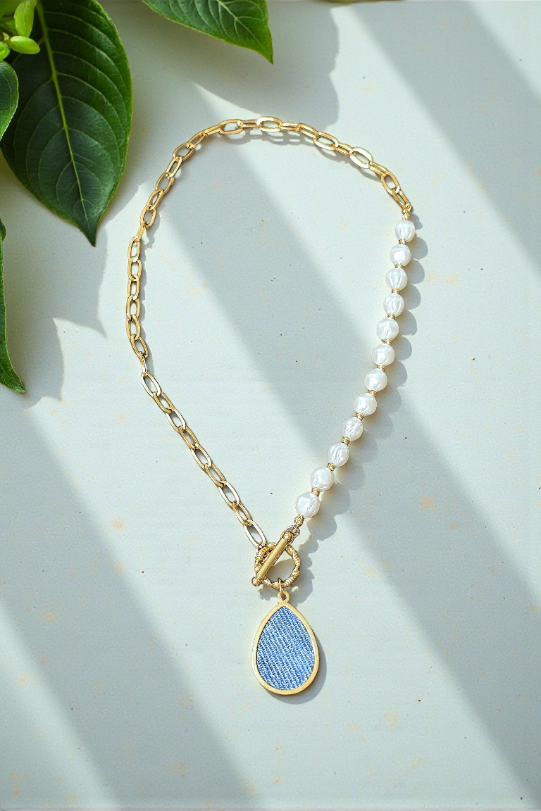 Denim Jean Necklace- Simulated pearl and dapped cable 18k Gold choker chain w tear drop pendant