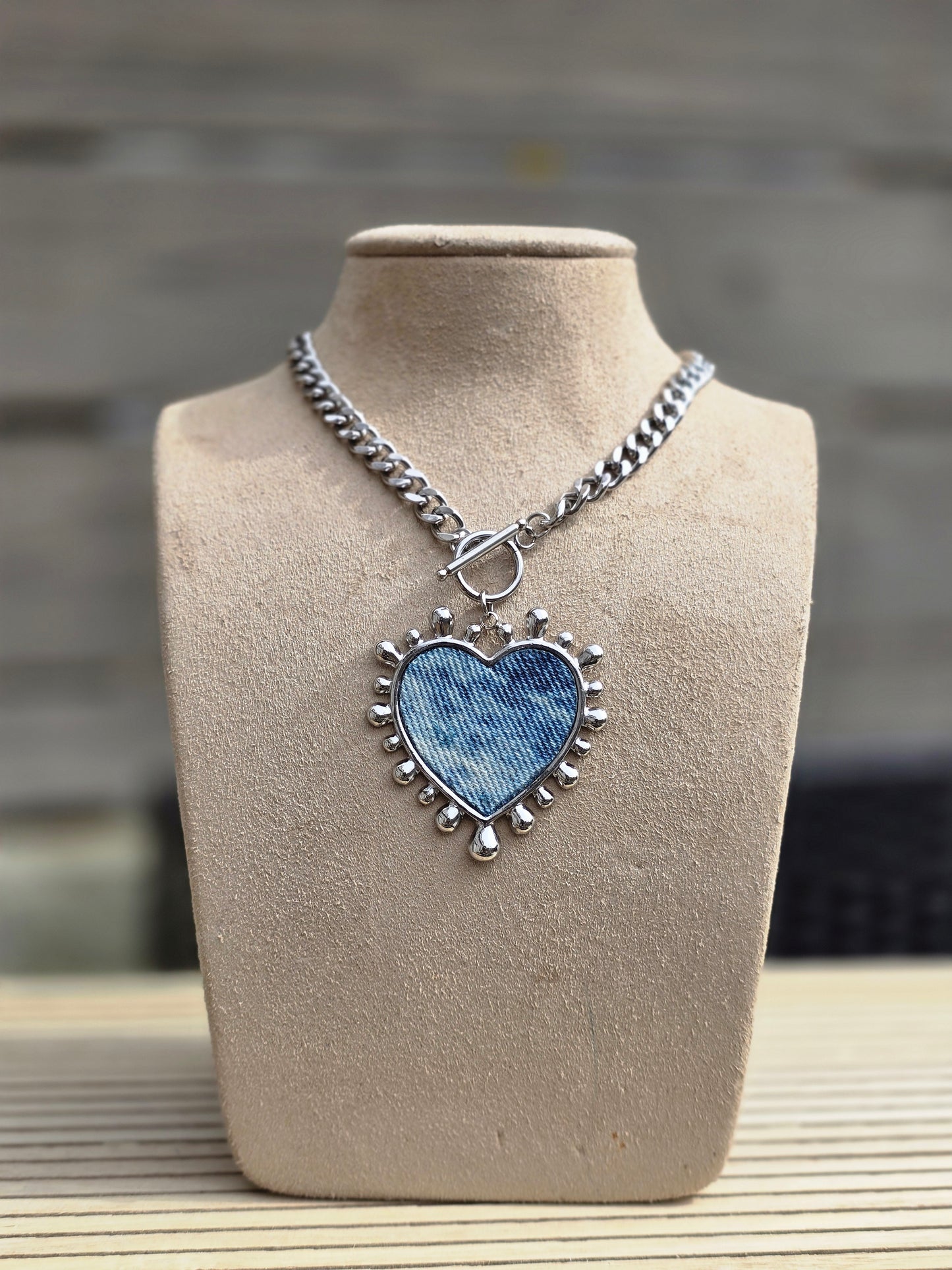 Denim Necklace- Stainless steel XL bursting heart denim pendant thick chain choker