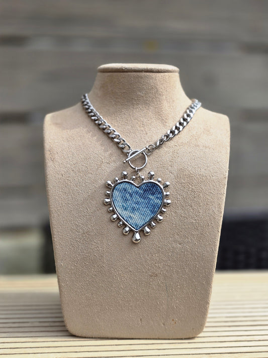 Denim Necklace- Stainless steel XL bursting heart denim pendant thick chain choker