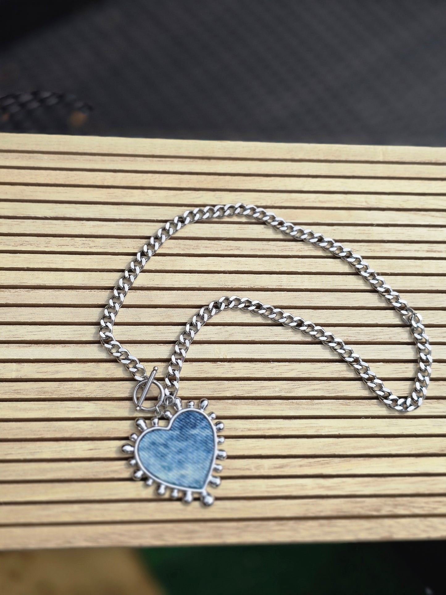 Denim Necklace- Stainless steel XL bursting heart denim pendant thick chain choker