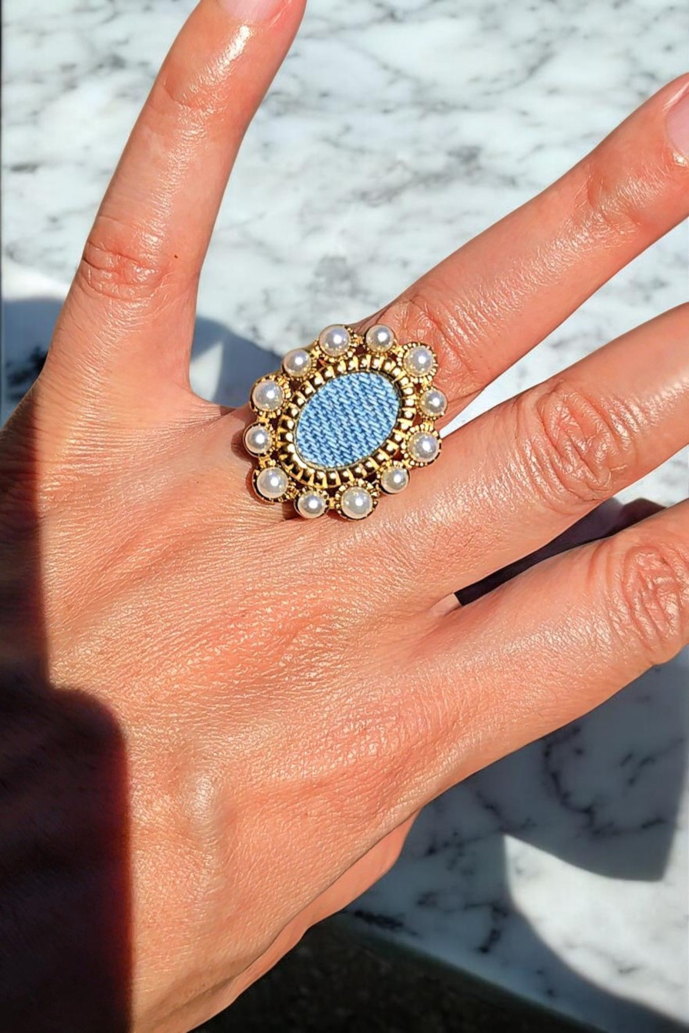 Denim Ring- Vintage Pearl and Gold stainless steel adjustable Jean Ring
