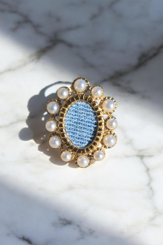 Denim Ring- Vintage Pearl and Gold stainless steel adjustable Jean Ring