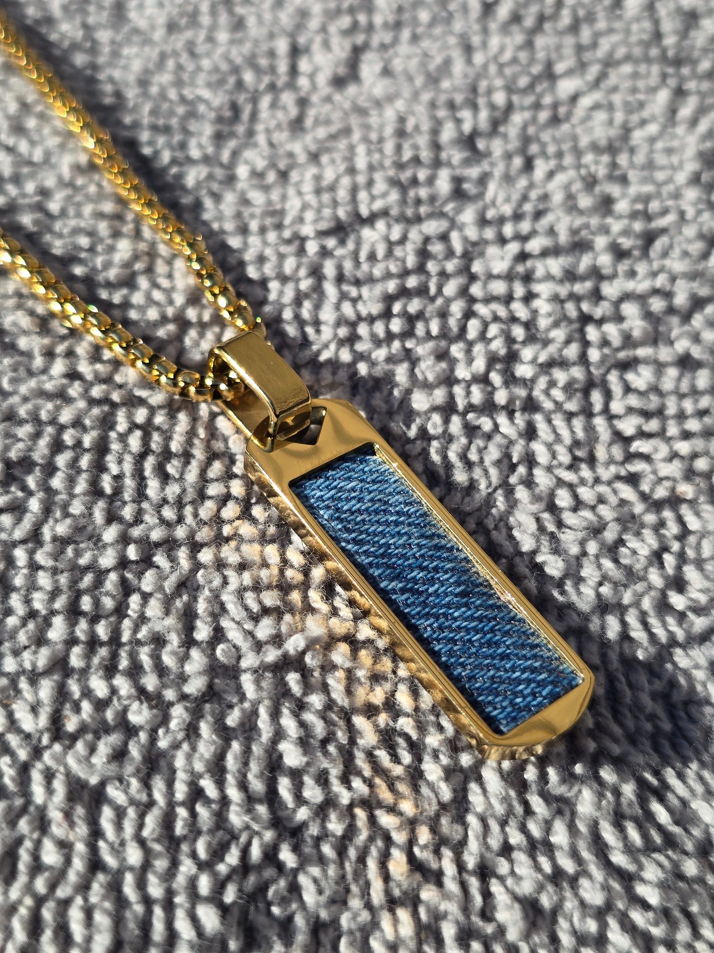Denim Necklace- Masculine 18K gold plated Stainless steel vertical rectangle Denim Pendant chain