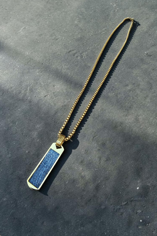 Denim Necklace- Masculine 18K gold plated Stainless steel vertical rectangle Denim Pendant chain