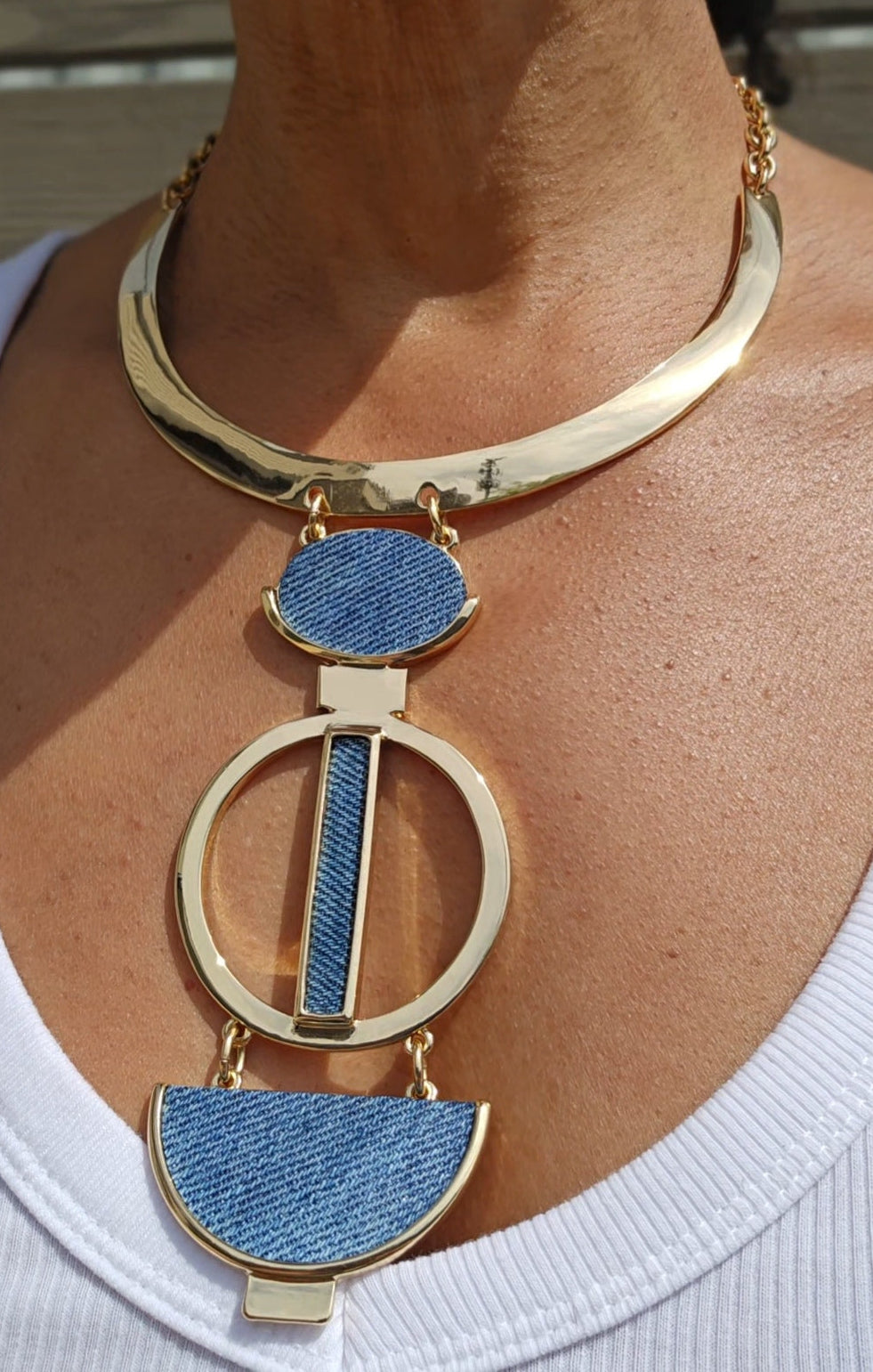 Denim Jean Necklace- Statement Tri pendant gold plated choker