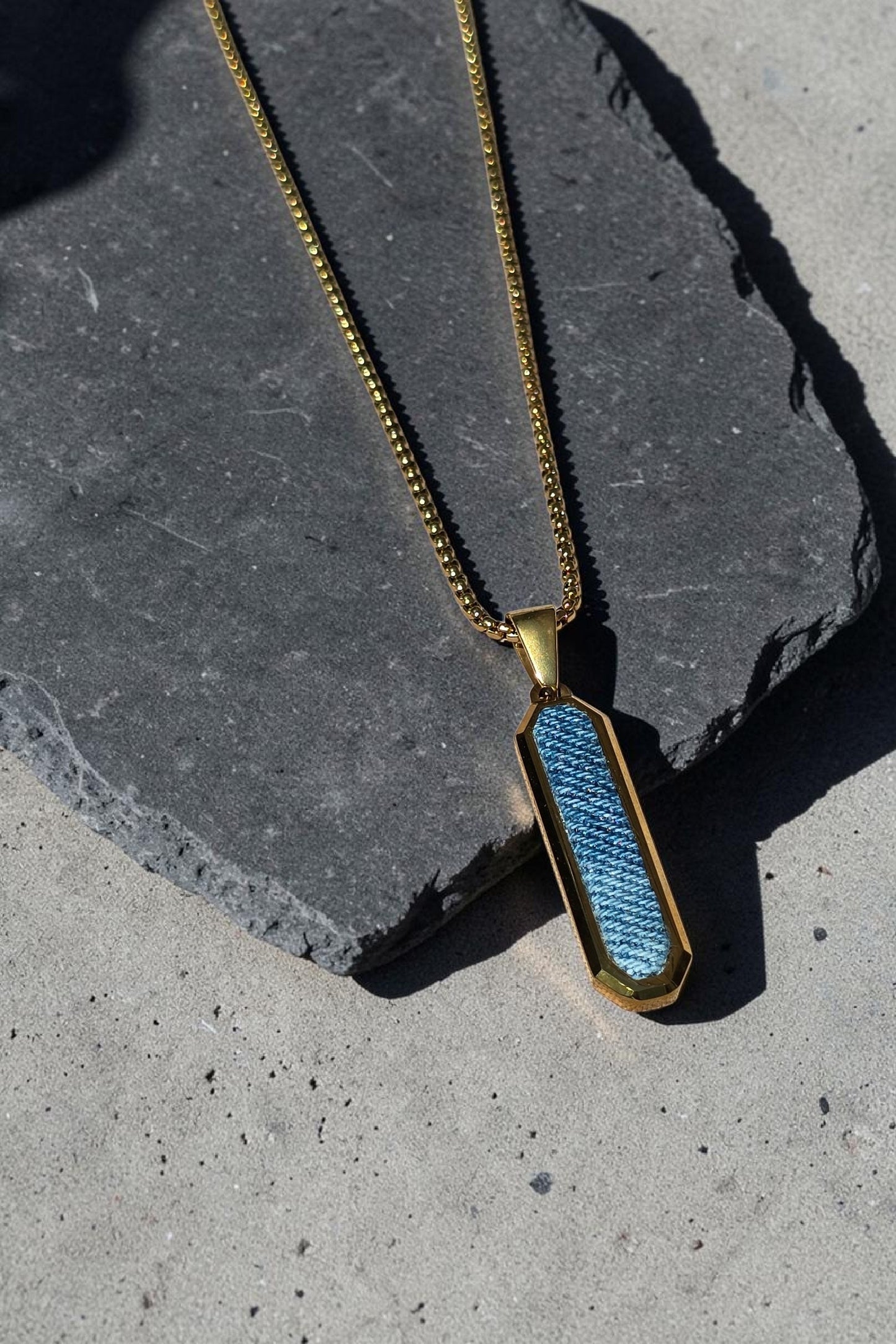 Denim Necklace- Masculine 18K gold plated Stainless steel vertical hexagon Denim Pendant chain