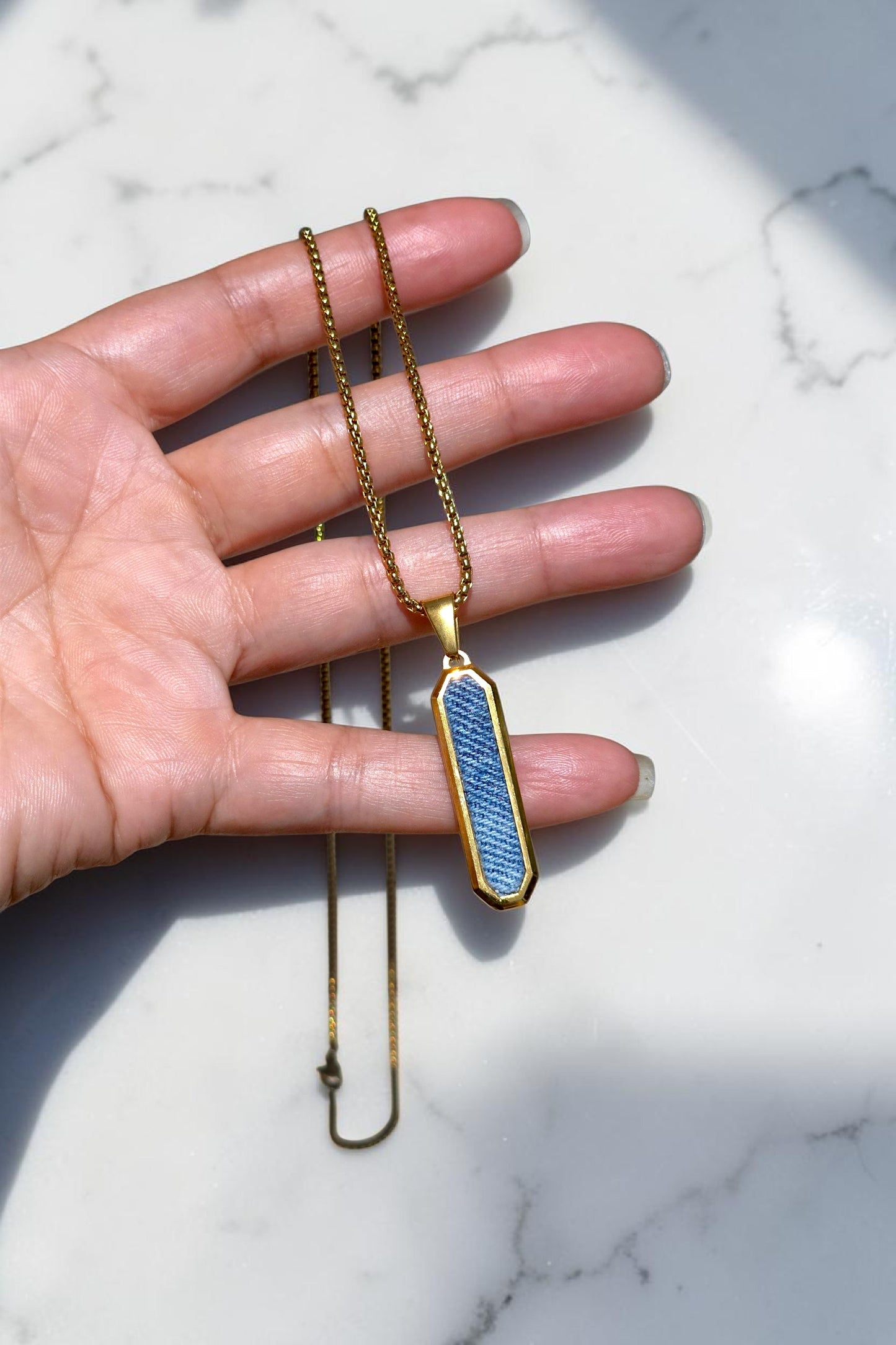 Denim Necklace- Masculine 18K gold plated Stainless steel vertical hexagon Denim Pendant chain