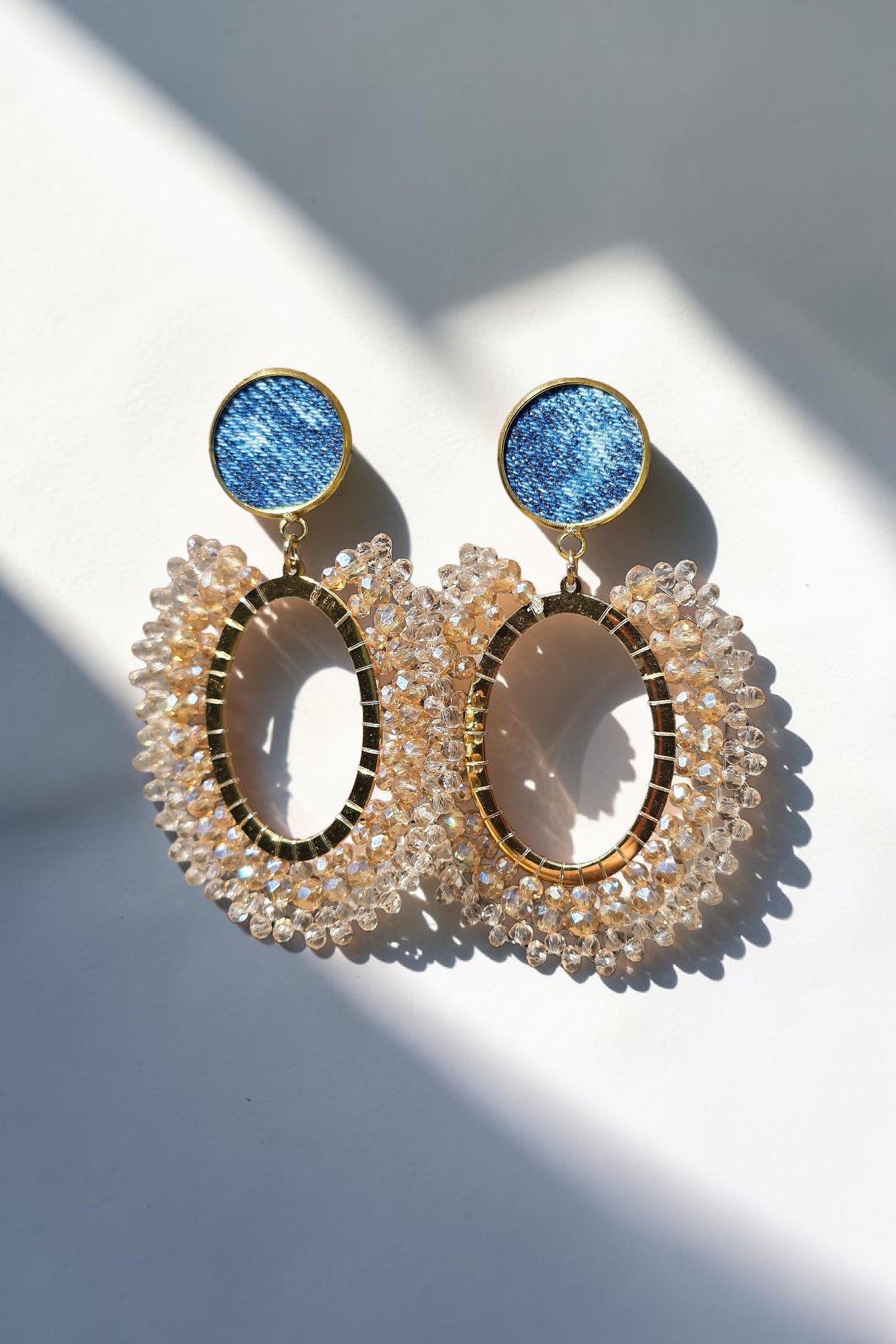 Denim and crystal bead Earrings- Gold plated