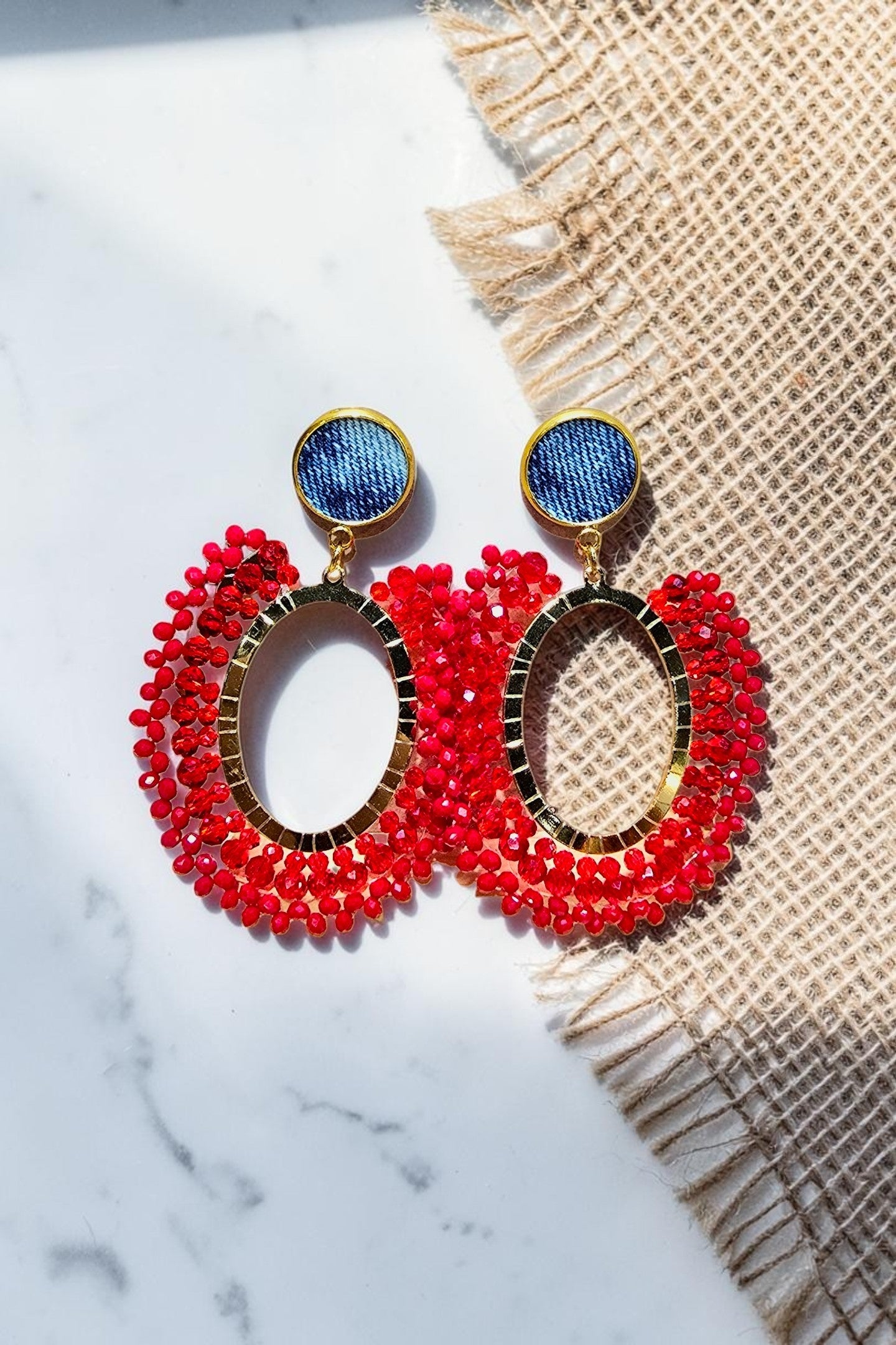 Denim and crystal bead Earrings- Gold plated