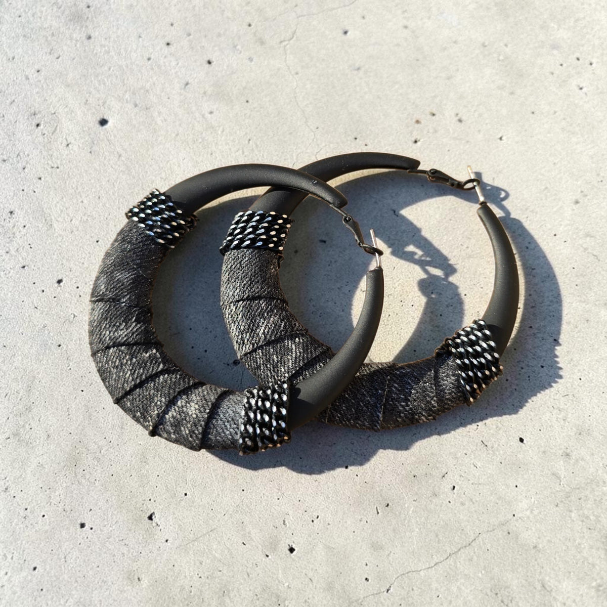 Denim Earrings- SEASONAL Black Round hoop jean earrings