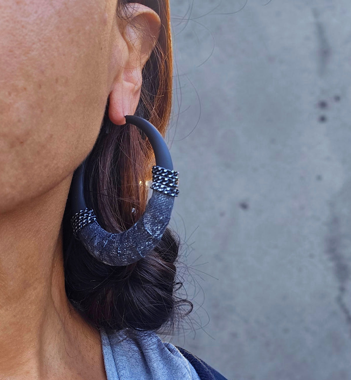 Denim Earrings- SEASONAL Black Round hoop jean earrings