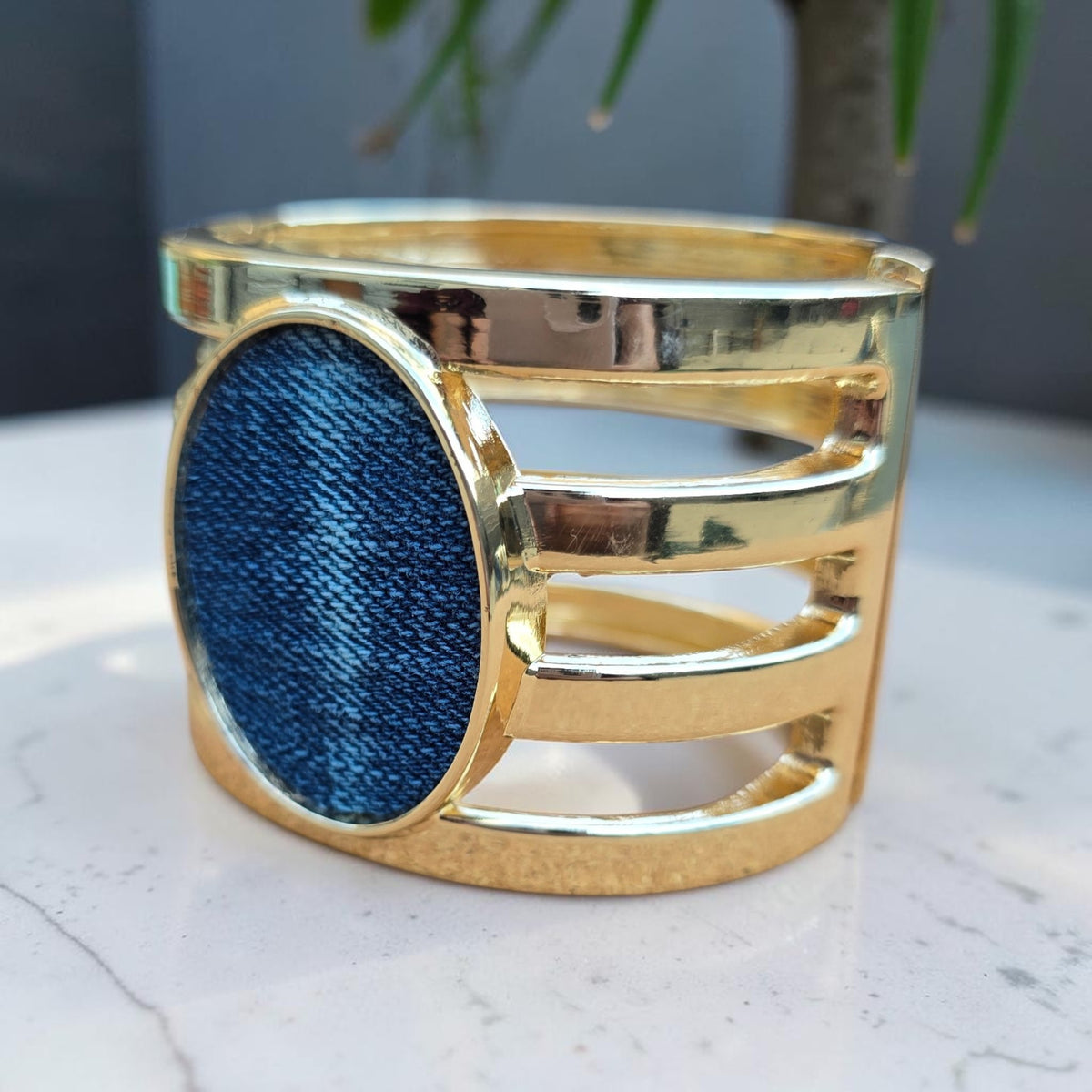 Denim Bracelet- Large gold plated cage jean cuff bracelet