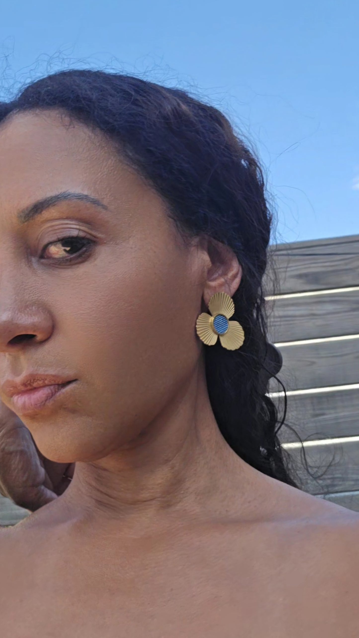 Denim Round post flower Earrings- Gold stainless steel Jean