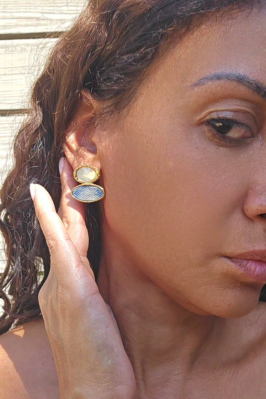 Denim Earrings- Mother of Pearl 18k Gold stainless steel Jean
