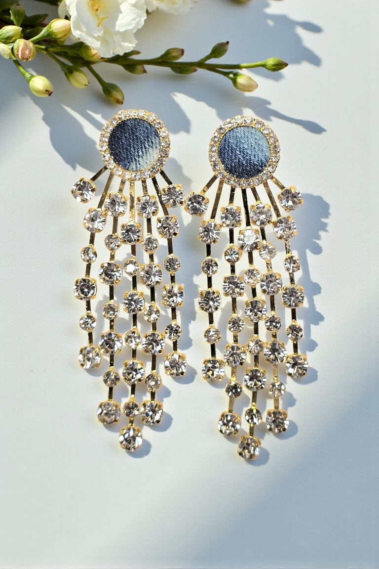 Denim jean round rhinestone post Tassel Earrings