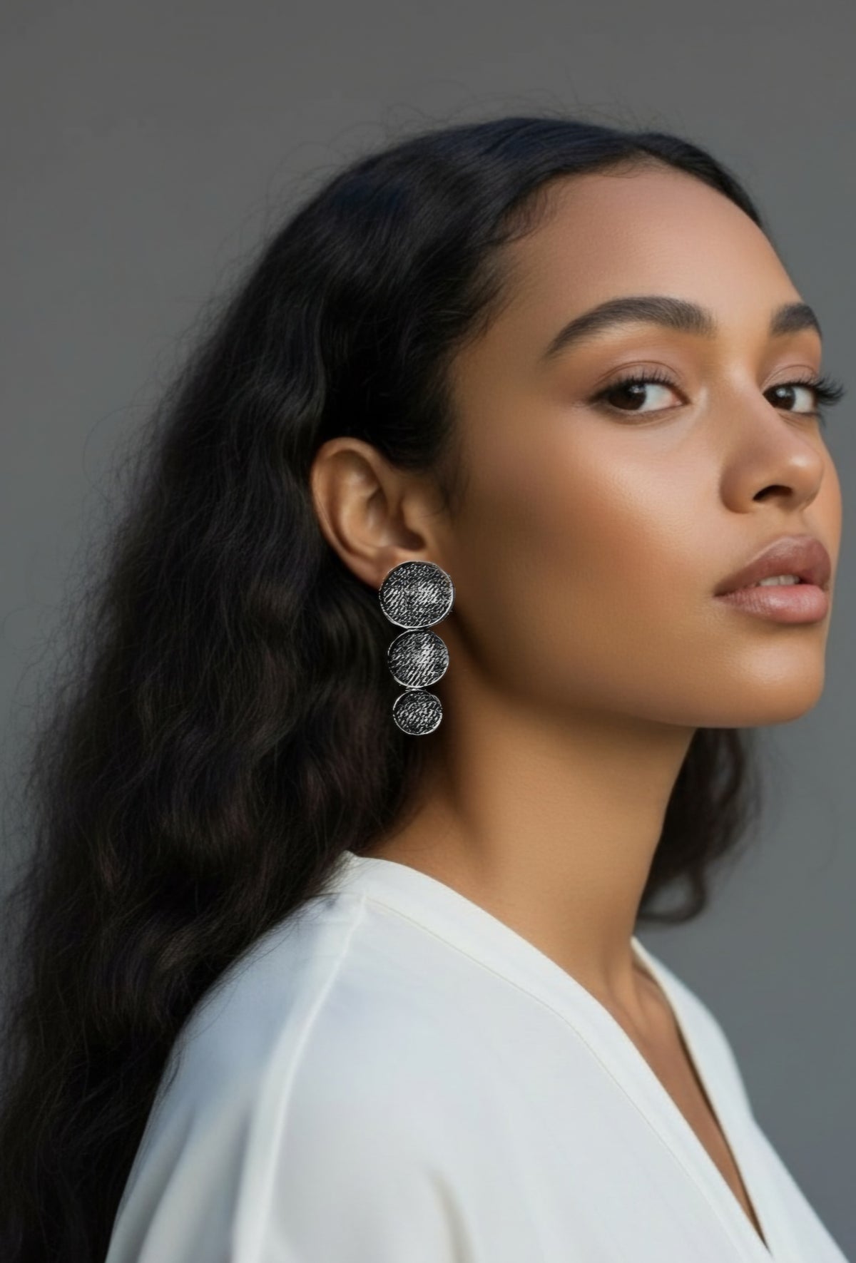 Denim Earrings- SEASONAL Black Round triple disc stud jean