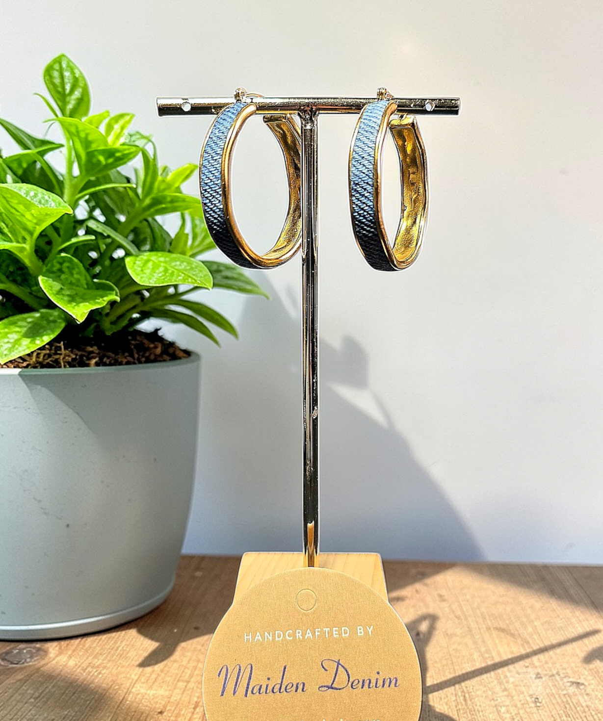 Denim Earrings- Denim hoop hammered earrings Med washed GOLD