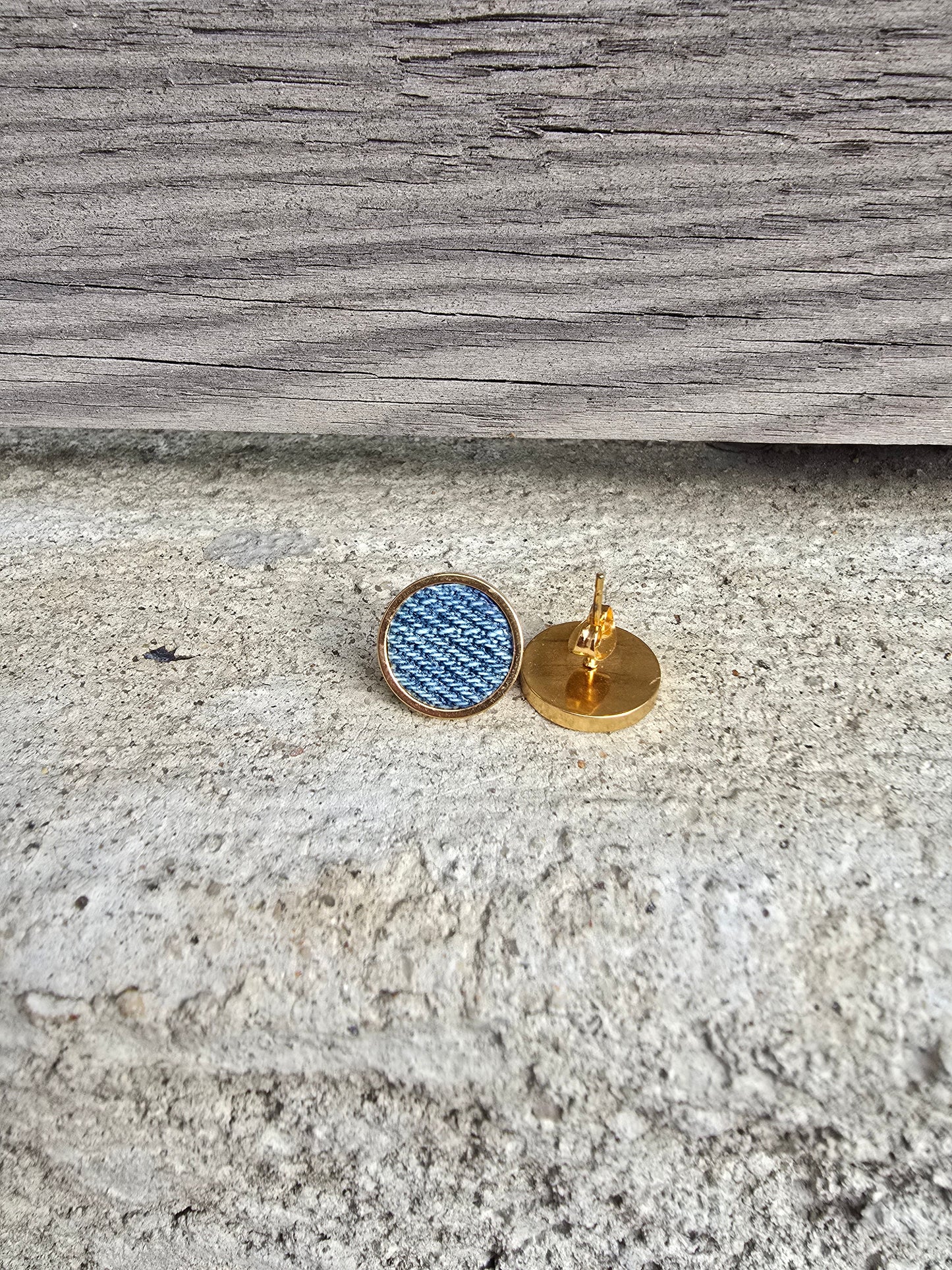 Denim Earrings- Bold Round 12mm Pendant Jean Stud