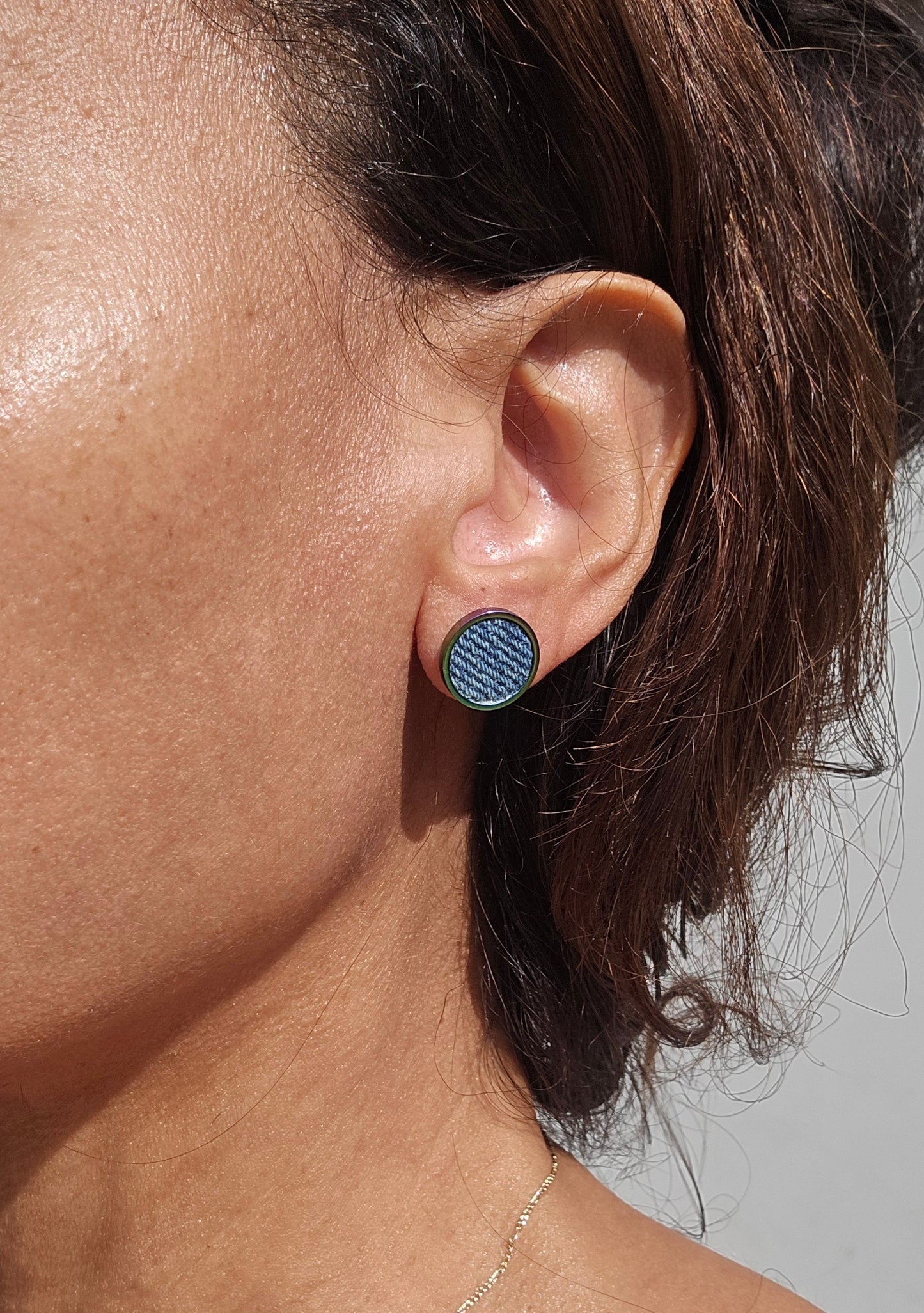 Denim Earrings- Bold Round 12mm Pendant Jean Stud