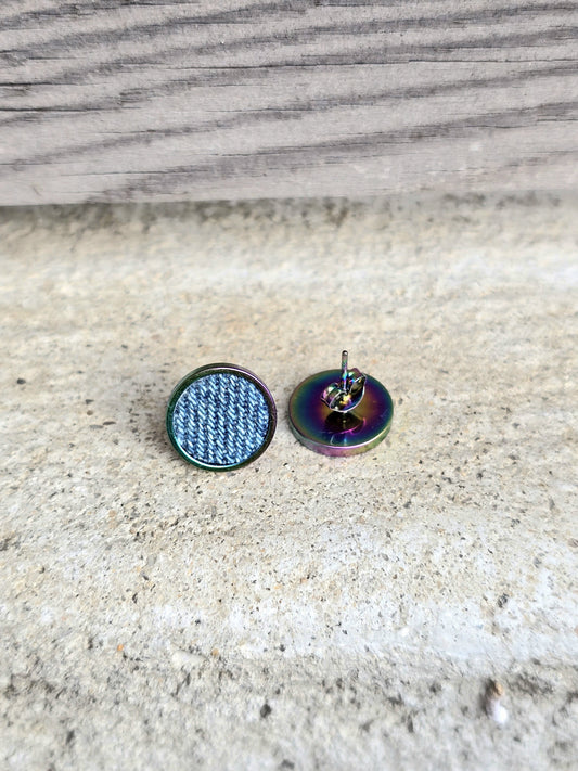Denim Earrings- Bold Round 12mm Pendant Jean Stud